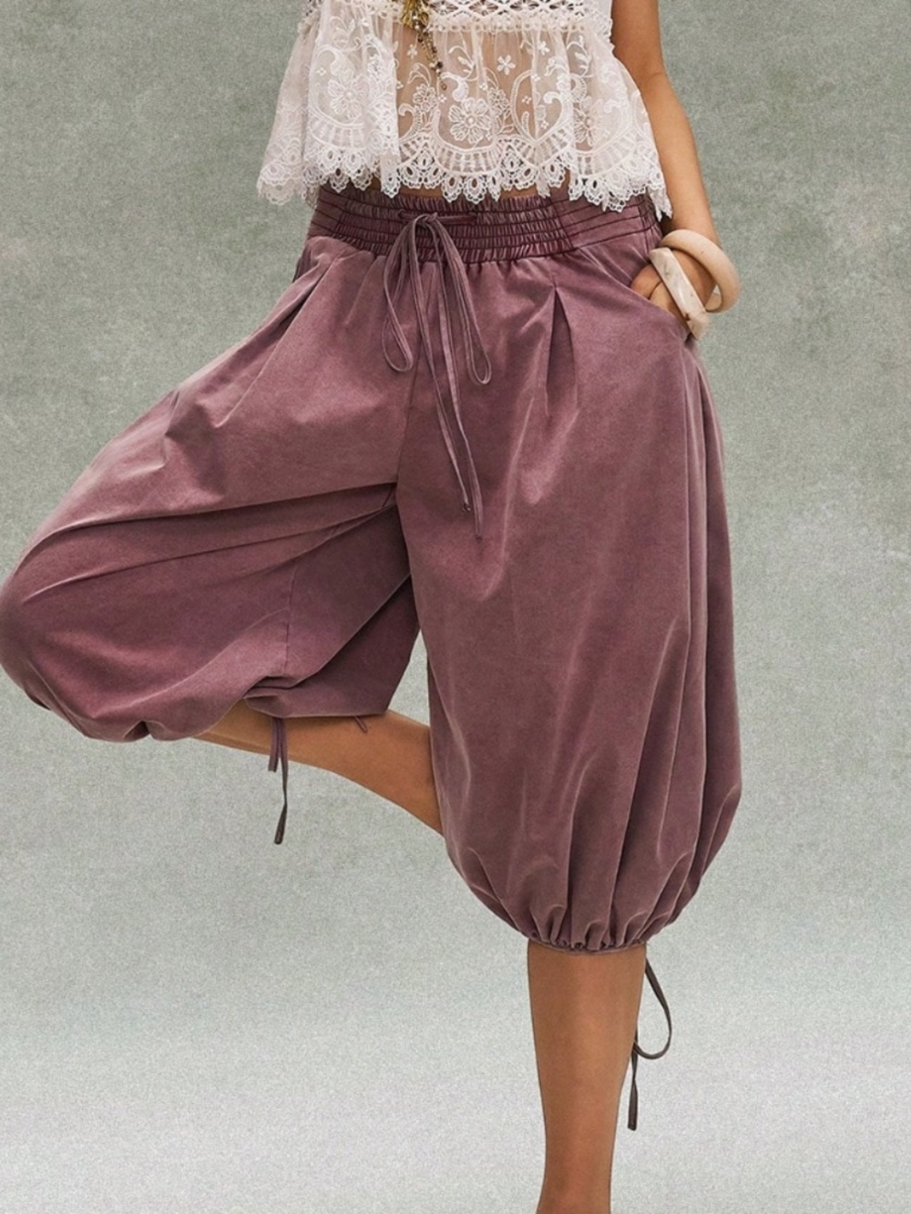 Boho Stretchy Waist Drawstring hem Balloon Wide leg Cropped Cargo Pants - Picture 3 of 7
